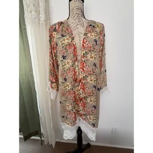 Relipop Kimono Duster Women's OS‎ Tan Floral Lace Trim Resort Beach Swim Coverup